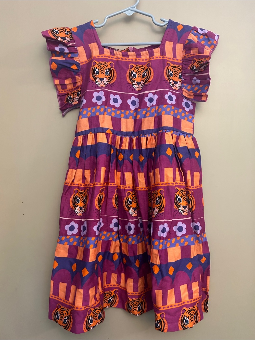 Girls Purple & Orange Tiger Print Ruffle Sleeve Casual Dress
